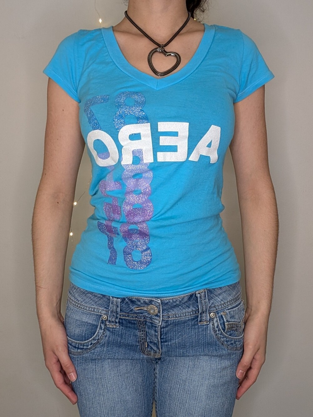 Aeropostale Bright Blue Short Sleeve V-Neck Tee with White & Purple Logo
